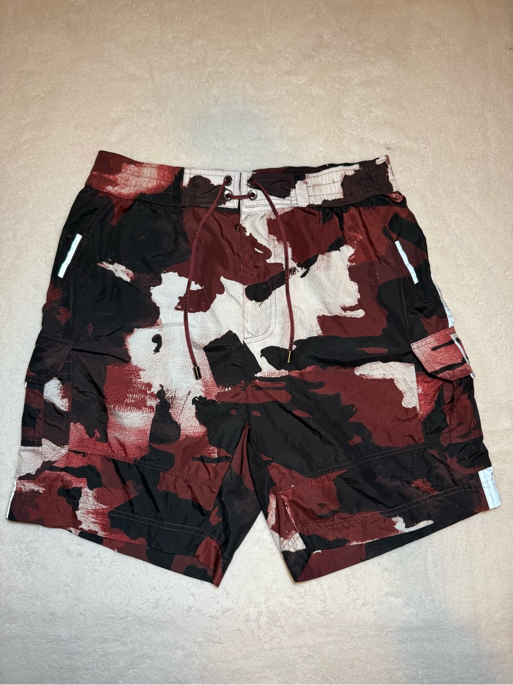 Dolce & Gabbana Mens XS Burgundy Black Camo Cargo Swim Shorts Boardshorts